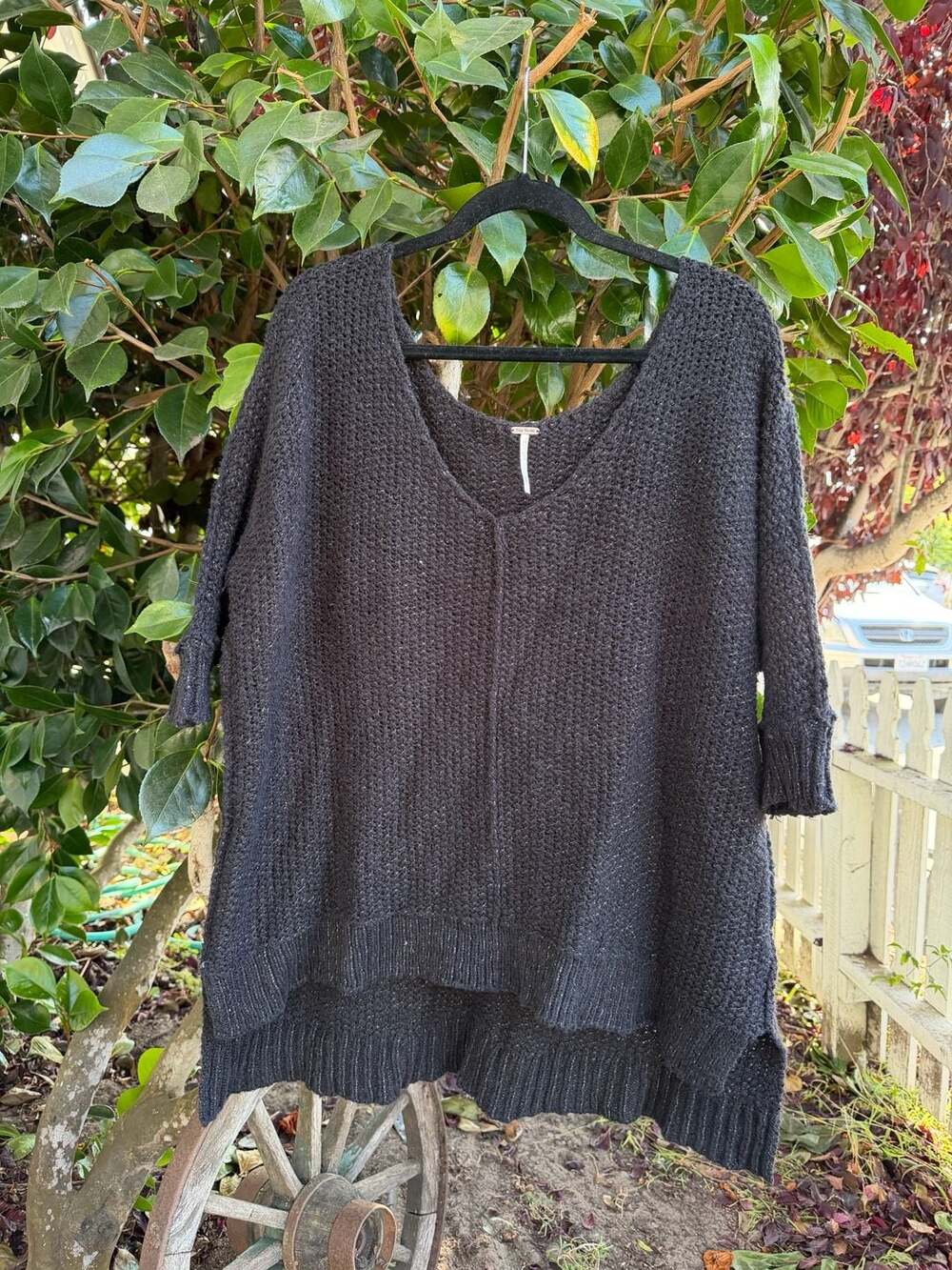 Free People Oversized Black V-Neck Short Sleeve Pullover Sweater